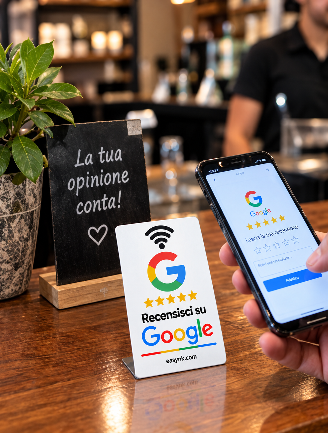 Card NFC Recensisci su Google in uso sul bancone di un bar